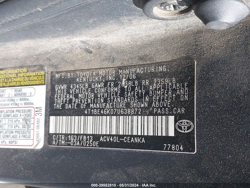 4T1BE46K07U638872 2007 Toyota Camry Le