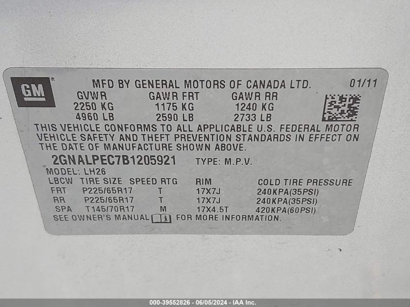 2011 Chevrolet Equinox 2Lt VIN: 2GNALPEC7B1205921 Lot: 39552826