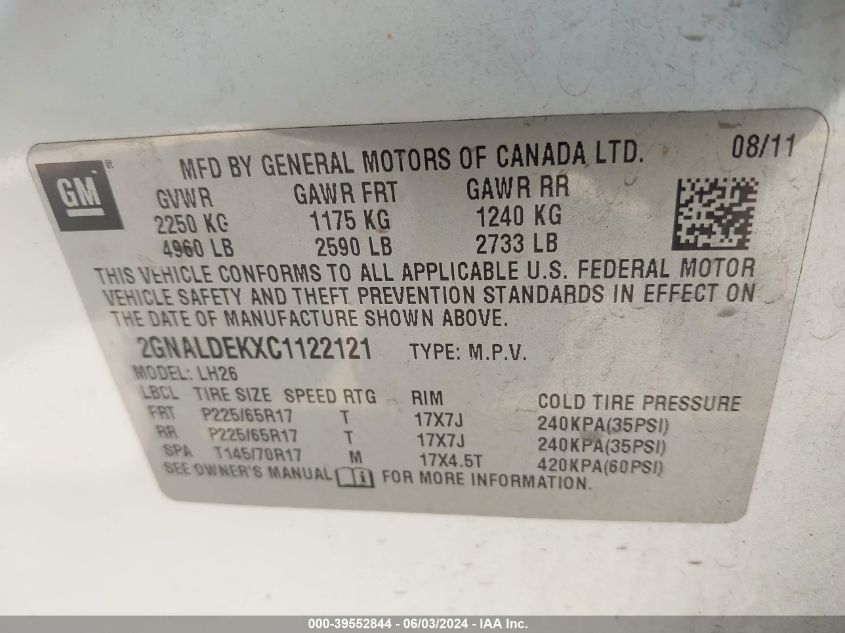 2012 Chevrolet Equinox 1Lt VIN: 2GNALDEKXC1122121 Lot: 39552844