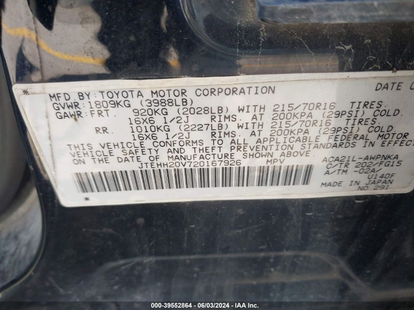 2002 Toyota Rav4 VIN: JTEHH20V720167926 Lot: 39552864