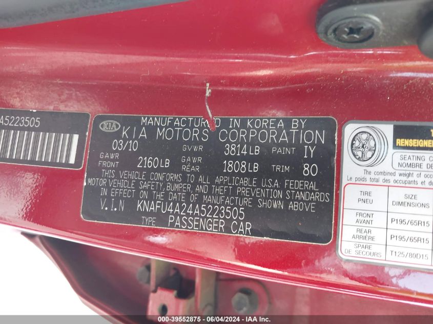 2010 Kia Forte Ex VIN: KNAFU4A24A5223505 Lot: 39552875