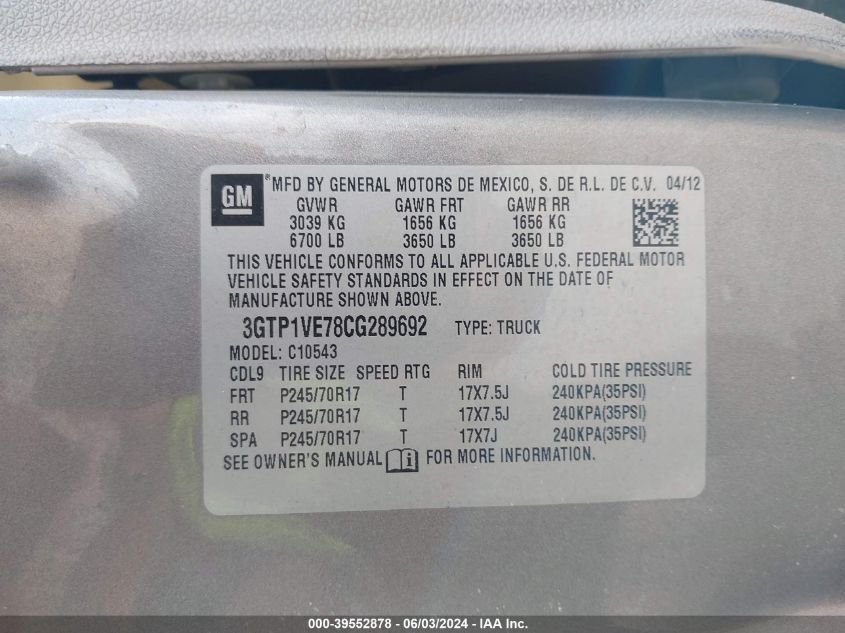 2012 GMC Sierra 1500 Xtra Fuel Economy VIN: 3GTP1VE78CG289692 Lot: 39552878