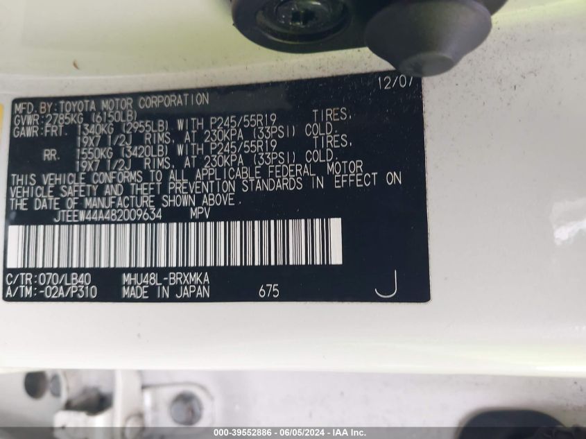 2008 Toyota Highlander Hybrid Limited VIN: JTEEW44A482009634 Lot: 39552886