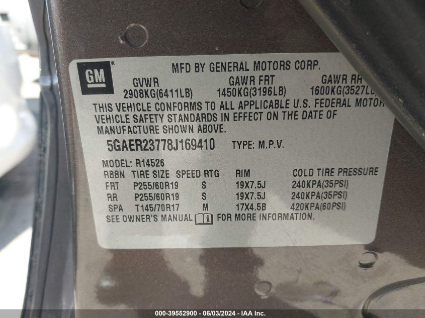 2008 Buick Enclave Cxl VIN: 5GAER23778J169410 Lot: 39552900