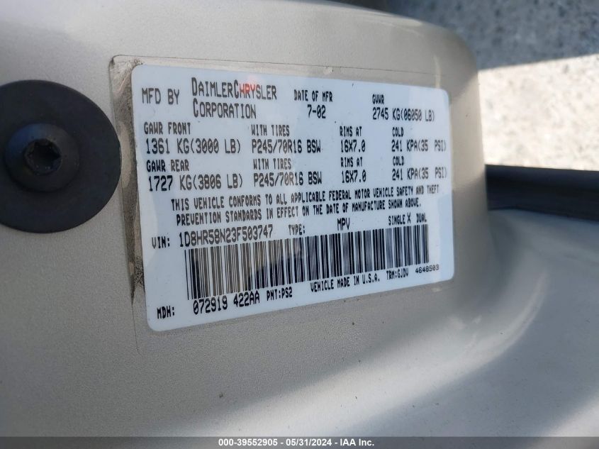 2003 Dodge Durango Slt Plus VIN: 1D8HR58N23F503747 Lot: 39552905