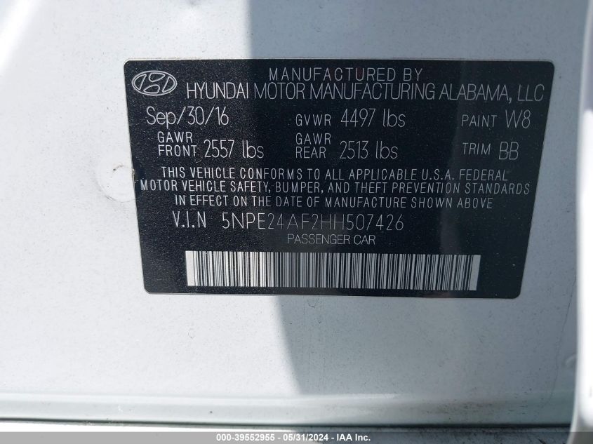 2017 HYUNDAI SONATA SE - 5NPE24AF2HH507426