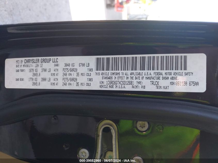 2012 Ram 1500 Slt VIN: 1C6RD6GTXCS312681 Lot: 39552960