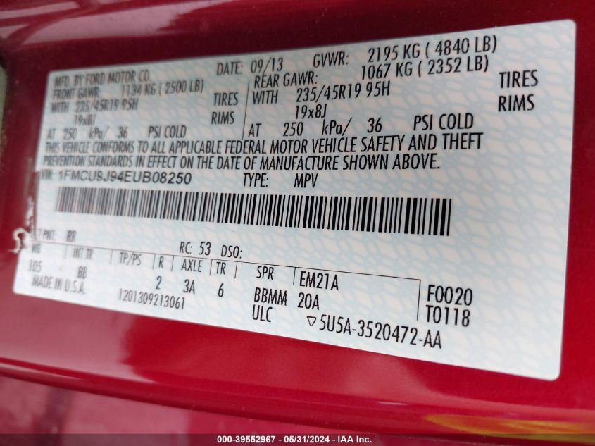 2014 Ford Escape Titanium VIN: 1FMCU9J94EUB08250 Lot: 39552967