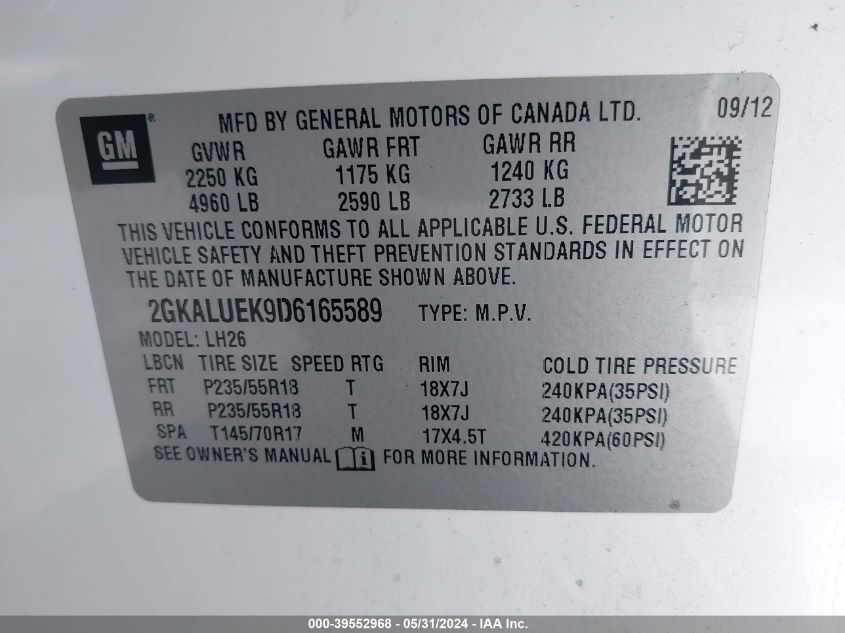 2013 GMC Terrain Slt-1 VIN: 2GKALUEK9D6165589 Lot: 39552968