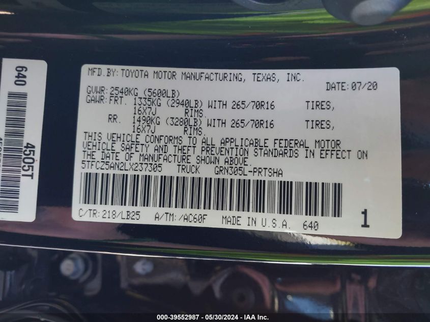 2020 Toyota Tacoma Trd Pro VIN: 5TFCZ5AN2LX237305 Lot: 39552987