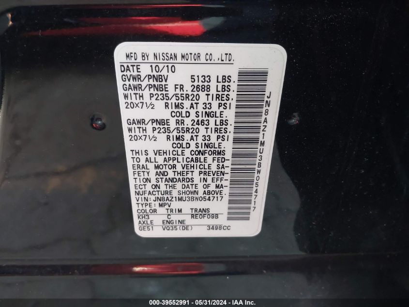 2011 Nissan Murano Le VIN: JN8AZ1MU3BW054717 Lot: 39552991