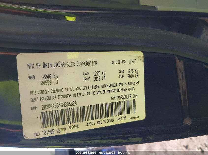 2006 Dodge Charger VIN: 2B3KA43G46H335323 Lot: 39552993