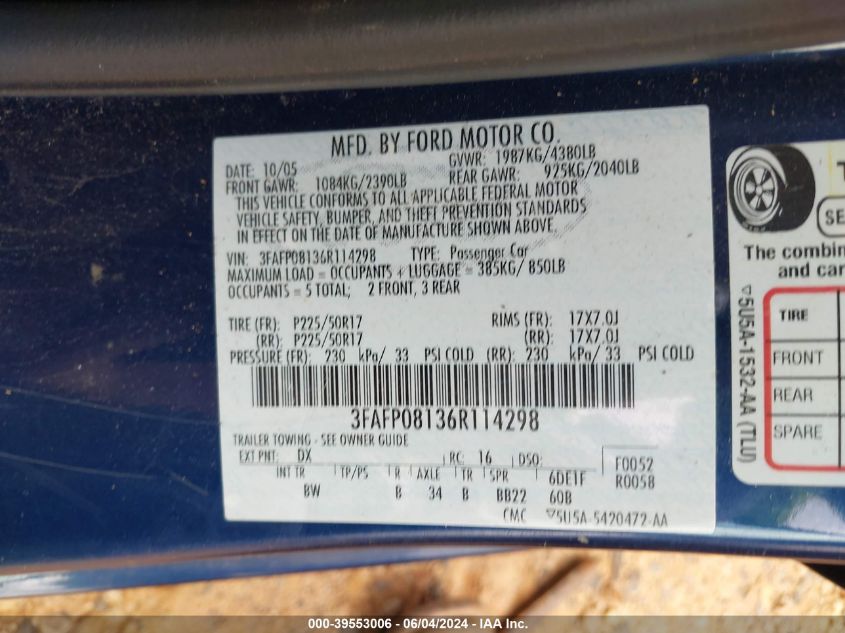 2006 Ford Fusion Sel VIN: 3FAFP08136R114298 Lot: 39553006