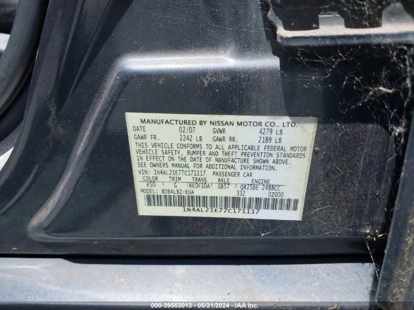2007 Nissan Altima 2.5 S VIN: 1N4AL21E77C171117 Lot: 39553013