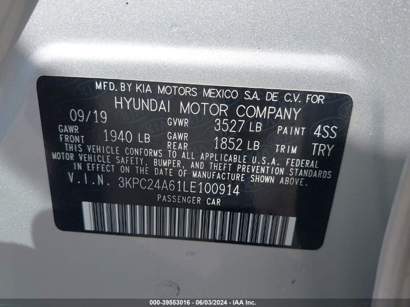 2020 Hyundai Accent Se VIN: 3KPC24A61LE100914 Lot: 39553016