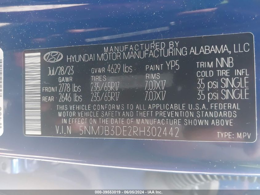 2024 Hyundai Tucson Sel VIN: 5NMJB3DE2RH302442 Lot: 39553019