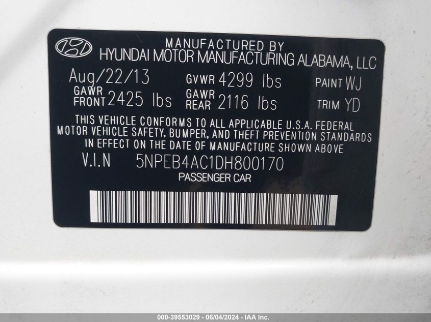 2013 Hyundai Sonata Gls VIN: 5NPEB4AC1DH800170 Lot: 39553029