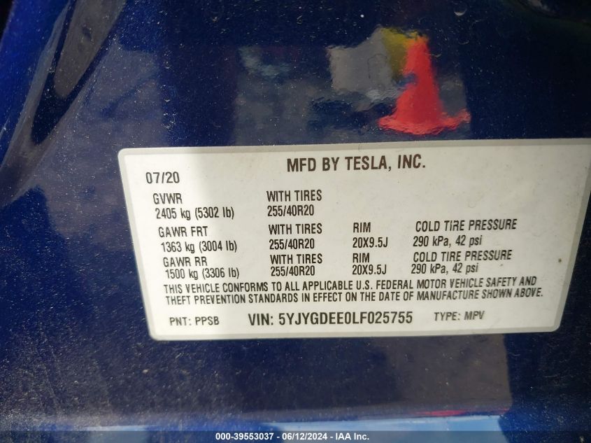 2020 Tesla Model Y VIN: 5YJYGDEE0LF025755 Lot: 39553037