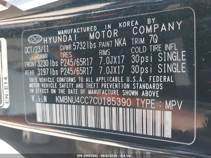 2012 Hyundai Veracruz Gls VIN: KM8NU4CC7CU185390 Lot: 39553042