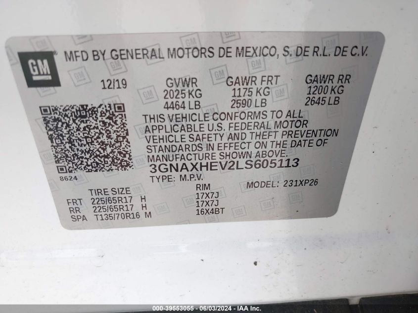 2020 Chevrolet Equinox Fwd Ls VIN: 3GNAXHEV2LS605113 Lot: 39553055