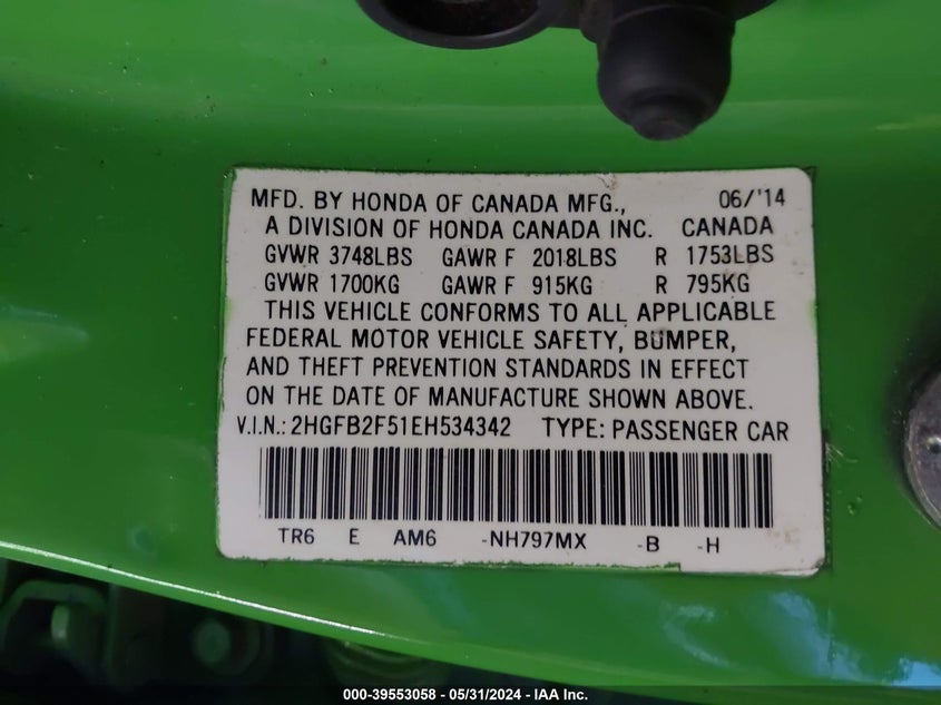 2014 Honda Civic Lx VIN: 2HGFB2F51EH534342 Lot: 39553058