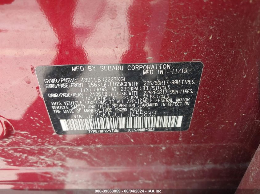 2020 Subaru Forester Premium VIN: JF2SKAJC7LH455839 Lot: 39553059