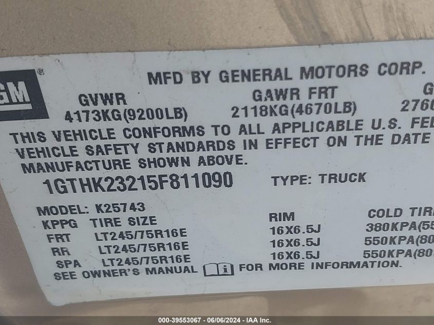 2005 GMC Sierra 2500Hd Slt VIN: 1GTHK23215F811090 Lot: 39553067