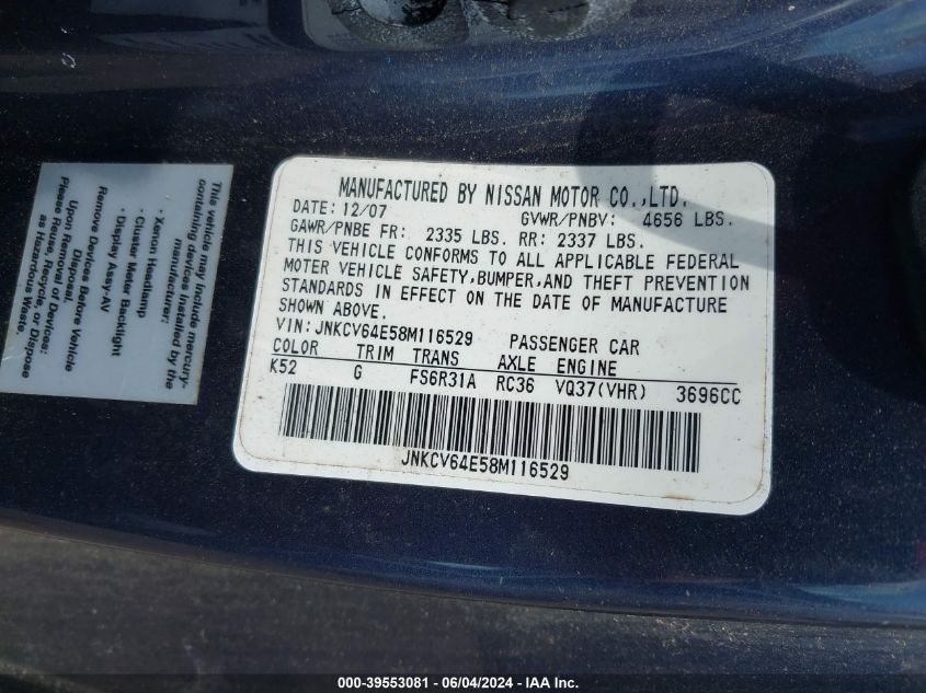 2008 Infiniti G37 Sport VIN: JNKCV64E58M116529 Lot: 39553081