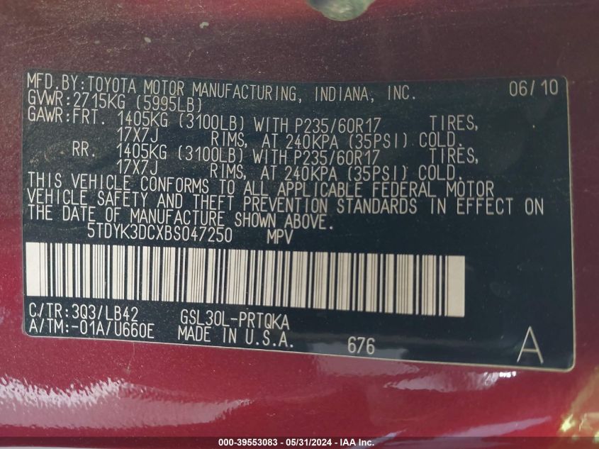 2011 Toyota Sienna Xle V6 VIN: 5TDYK3DCXBS047250 Lot: 39553083