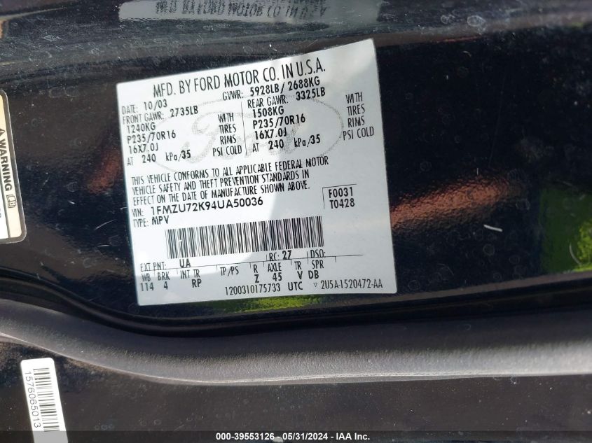 2004 Ford Explorer Xls VIN: 1FMZU72K94UA50036 Lot: 39553126