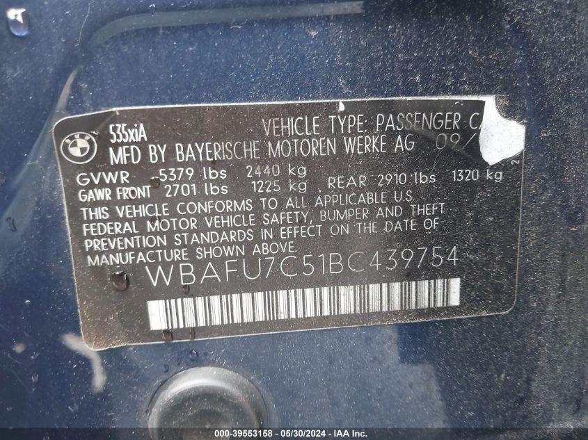 2011 BMW 535I xDrive VIN: WBAFU7C51BC439754 Lot: 39553158