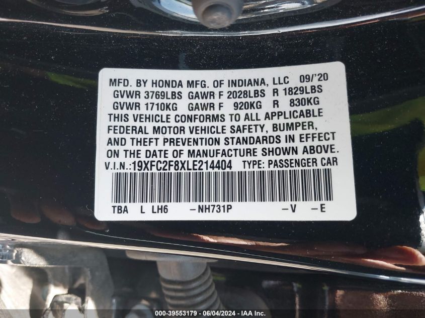 2020 Honda Civic Sport VIN: 19XFC2F8XLE214404 Lot: 39553179