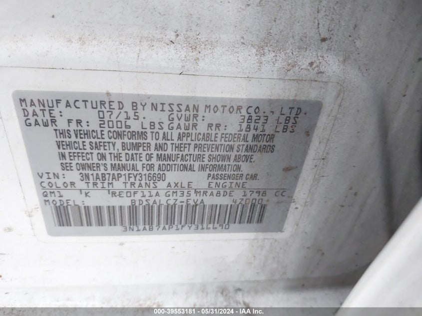 2015 Nissan Sentra S VIN: 3N1AB7AP1FY316690 Lot: 39553181