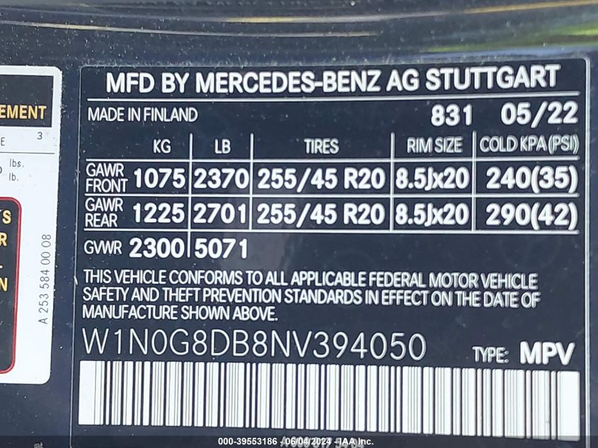 2022 Mercedes-Benz Glc 300 VIN: W1N0G8DB8NV394050 Lot: 39553186