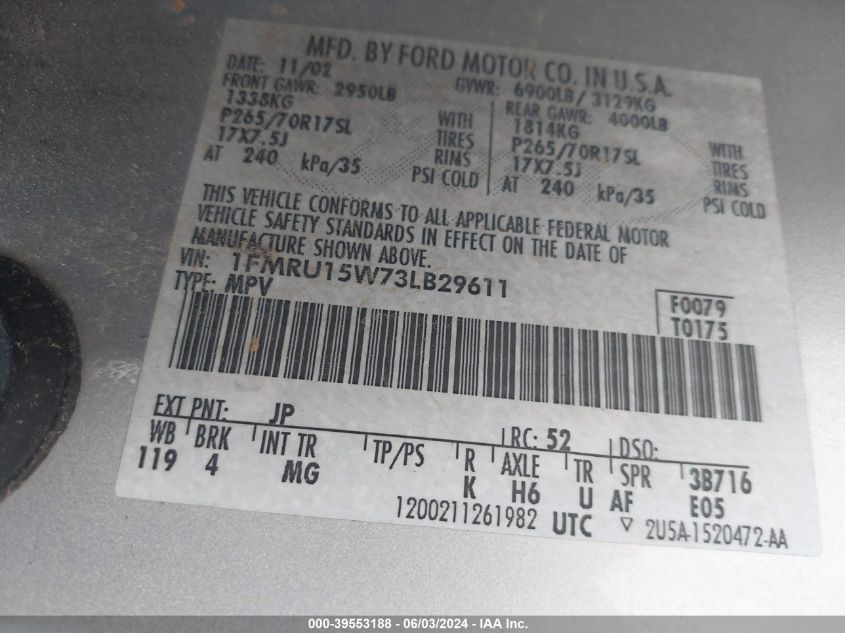 2003 Ford Expedition Xlt VIN: 1FMRU15W73LB29611 Lot: 39553188