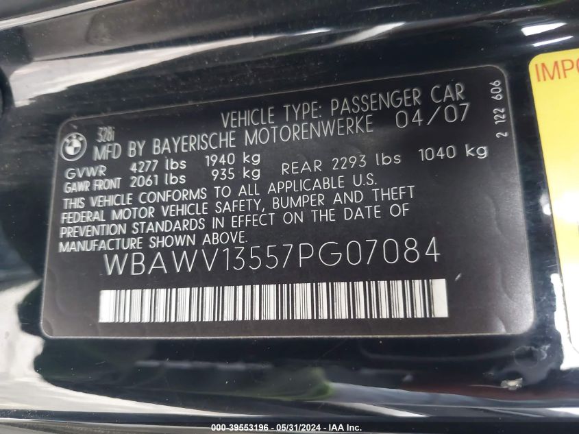 2007 BMW 328I VIN: WBAWV13557PG07084 Lot: 39553196