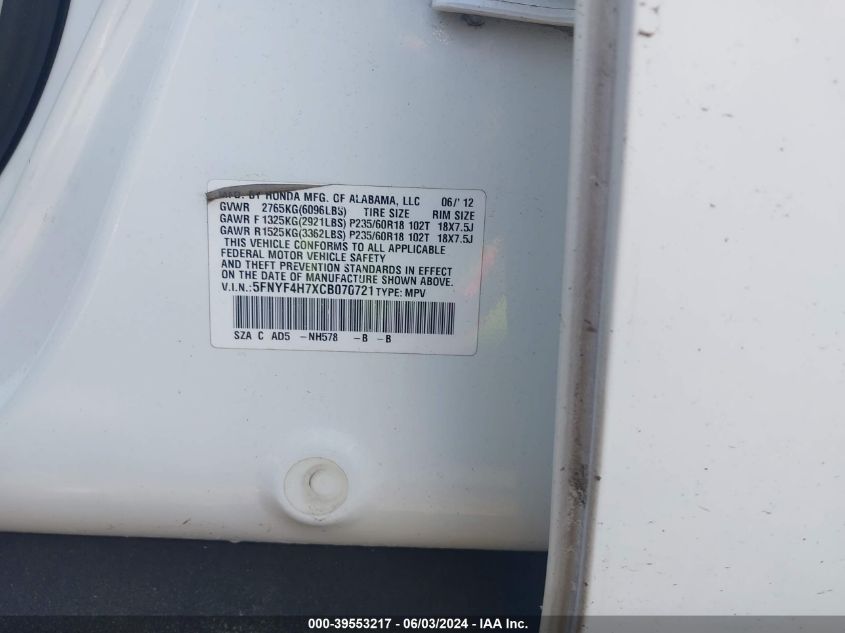 2012 Honda Pilot Ex-L VIN: 5FNYF4H7XCB070721 Lot: 39553217