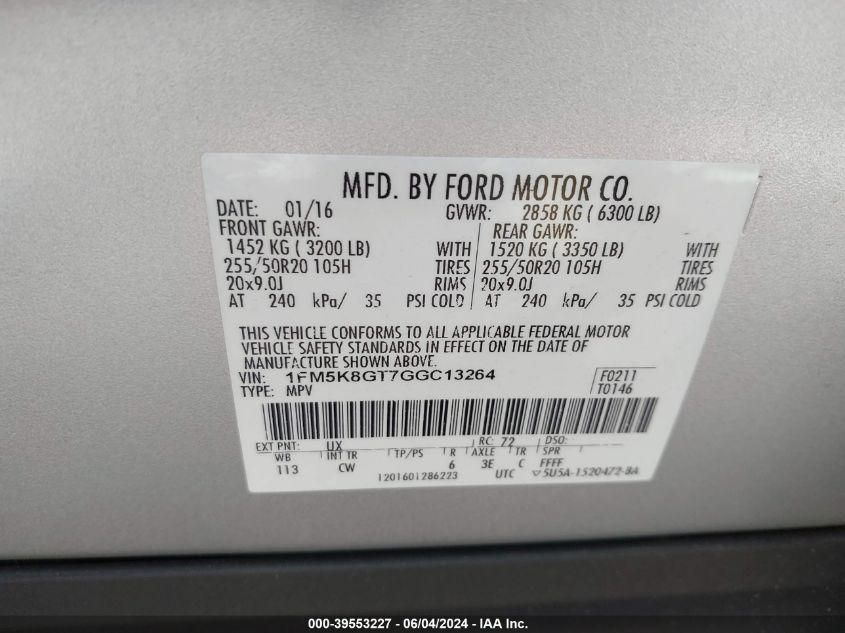 2016 Ford Explorer Sport VIN: 1FM5K8GT7GGC13264 Lot: 39553227