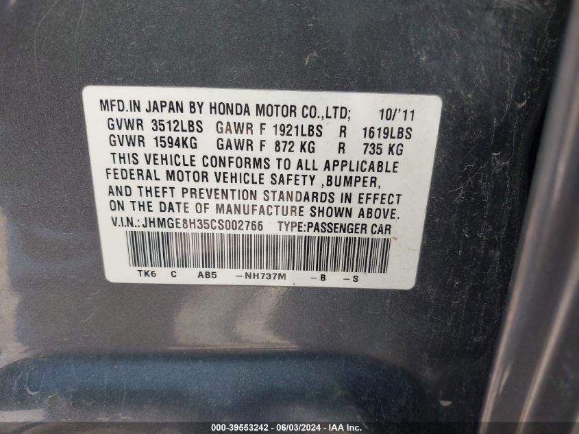 2012 Honda Fit VIN: JHMGE8H35CS002766 Lot: 39553242