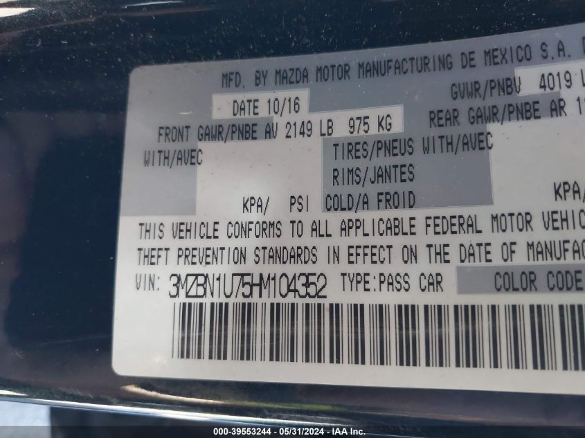 2017 Mazda Mazda3 Sport VIN: 3MZBN1U75HM104352 Lot: 39553244