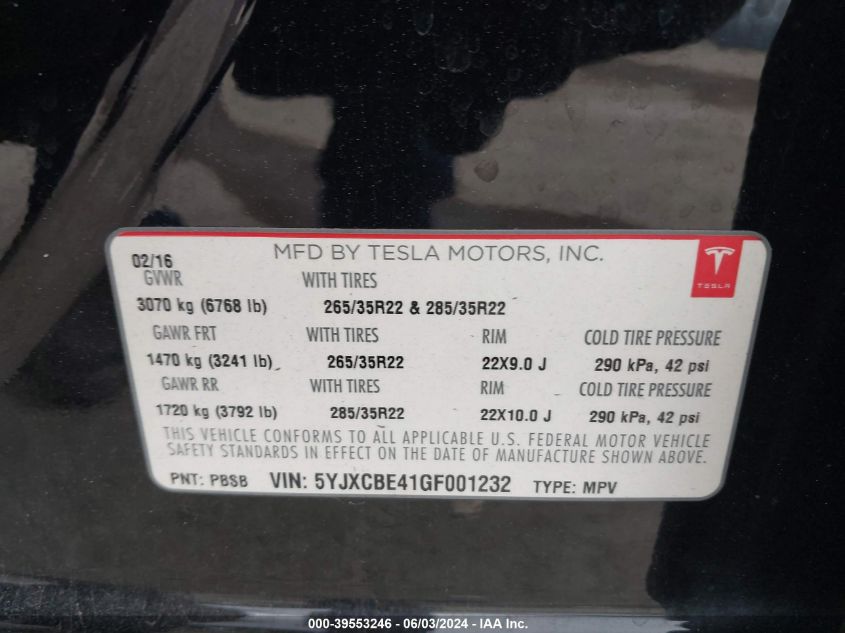 2016 Tesla Model X 75D/P100D/P90D VIN: 5YJXCBE41GF001232 Lot: 39553246