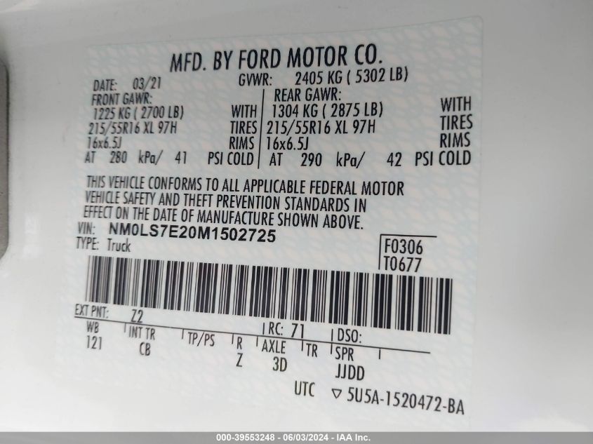 2021 Ford Transit Connect Xl VIN: NM0LS7E20M1502725 Lot: 39553248