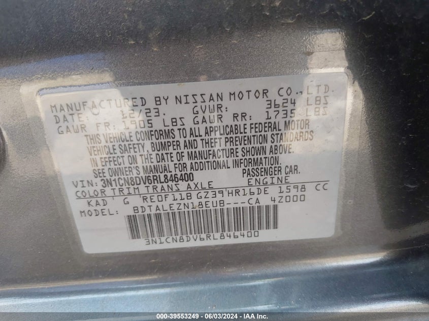 2024 Nissan Versa 1.6 S VIN: 3N1CN8DV6RL846400 Lot: 39553249