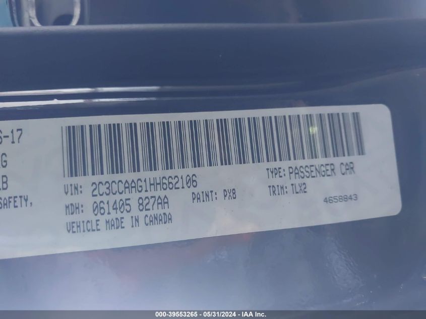 2017 Chrysler 300 Limited VIN: 2C3CCAAG1HH662106 Lot: 39553265