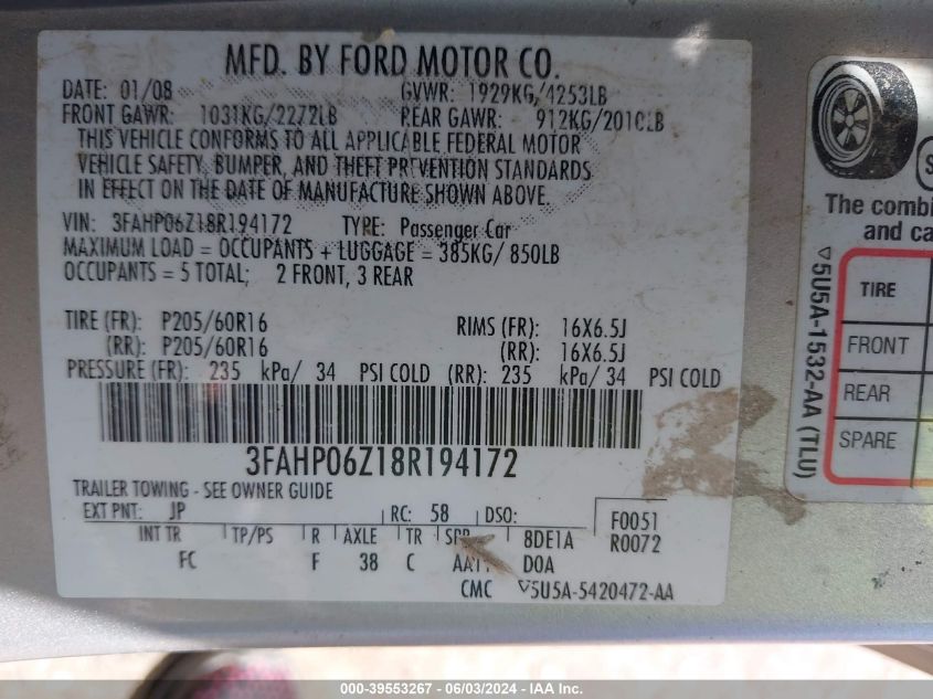 2008 Ford Fusion S VIN: 3FAHP06Z18R194172 Lot: 39553267