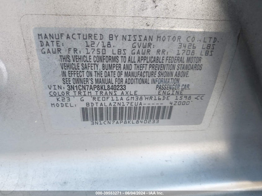 2019 Nissan Versa 1.6 S+ VIN: 3N1CN7AP8KL840233 Lot: 39553271