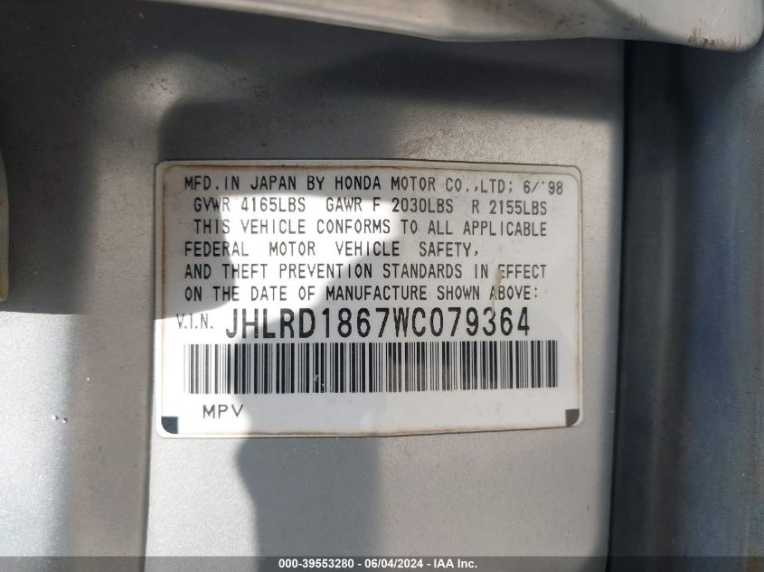 1998 Honda Cr-V Ex VIN: JHLRD1867WC079364 Lot: 39553280