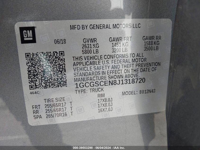 2018 Chevrolet Colorado Lt VIN: 1GCGSCEN8J1318720 Lot: 39553298