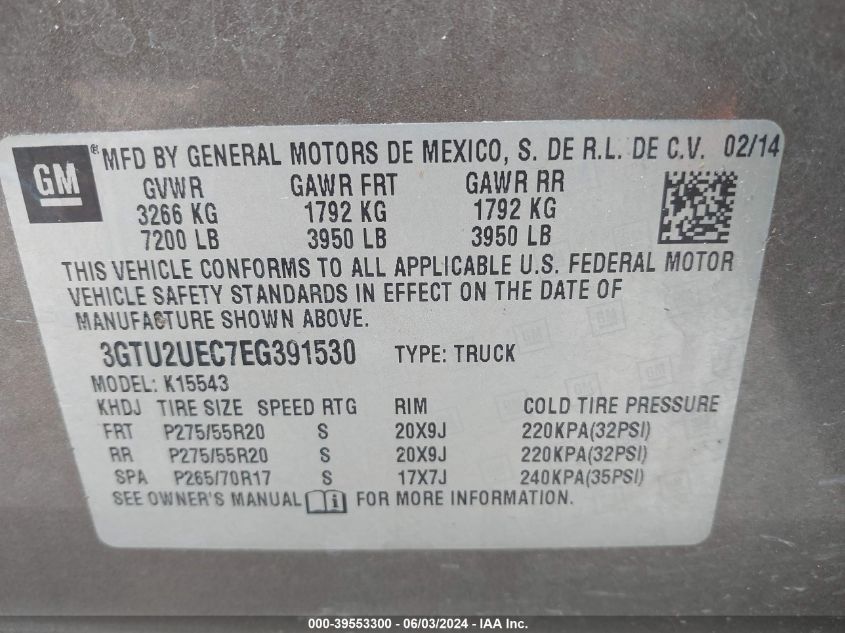 2014 GMC Sierra 1500 Sle VIN: 3GTU2UEC7EG391530 Lot: 39553300