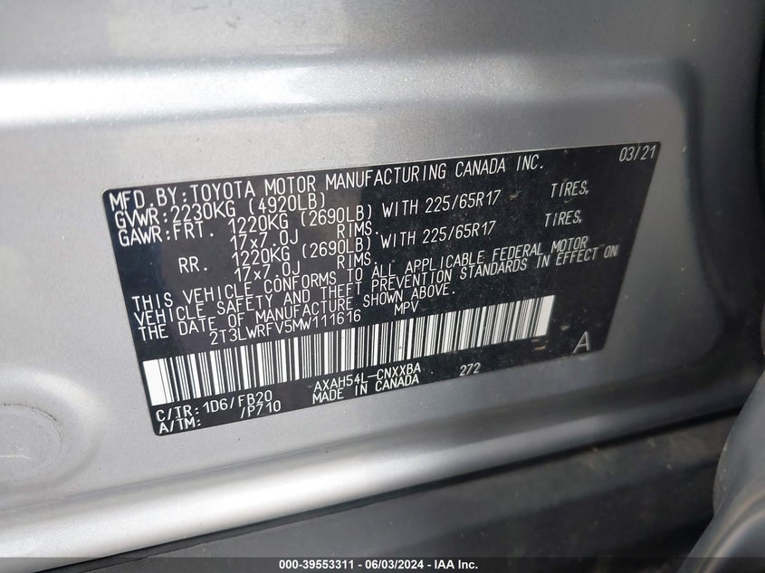 VIN 2T3LWRFV5MW111616 2021 TOYOTA RAV4 LE HYBRID